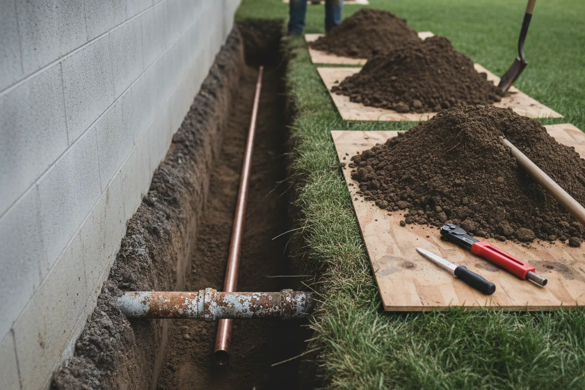 Excavated water line trench during Water Softener Installation in Glynn